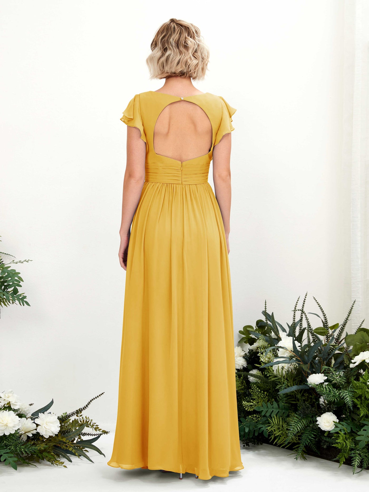 Carlyna Grino A-Line Mustard Yellow Bridesmaid Dress Maxi Cap Sleeve V-Neck Dress #color_mustard-yellow