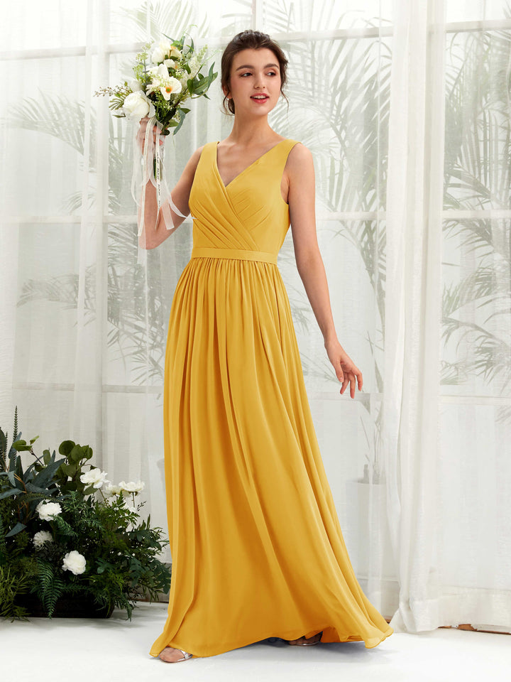 V-neck Sleeveless Chiffon Bridesmaid Dress - Mustard Yellow (81223633)