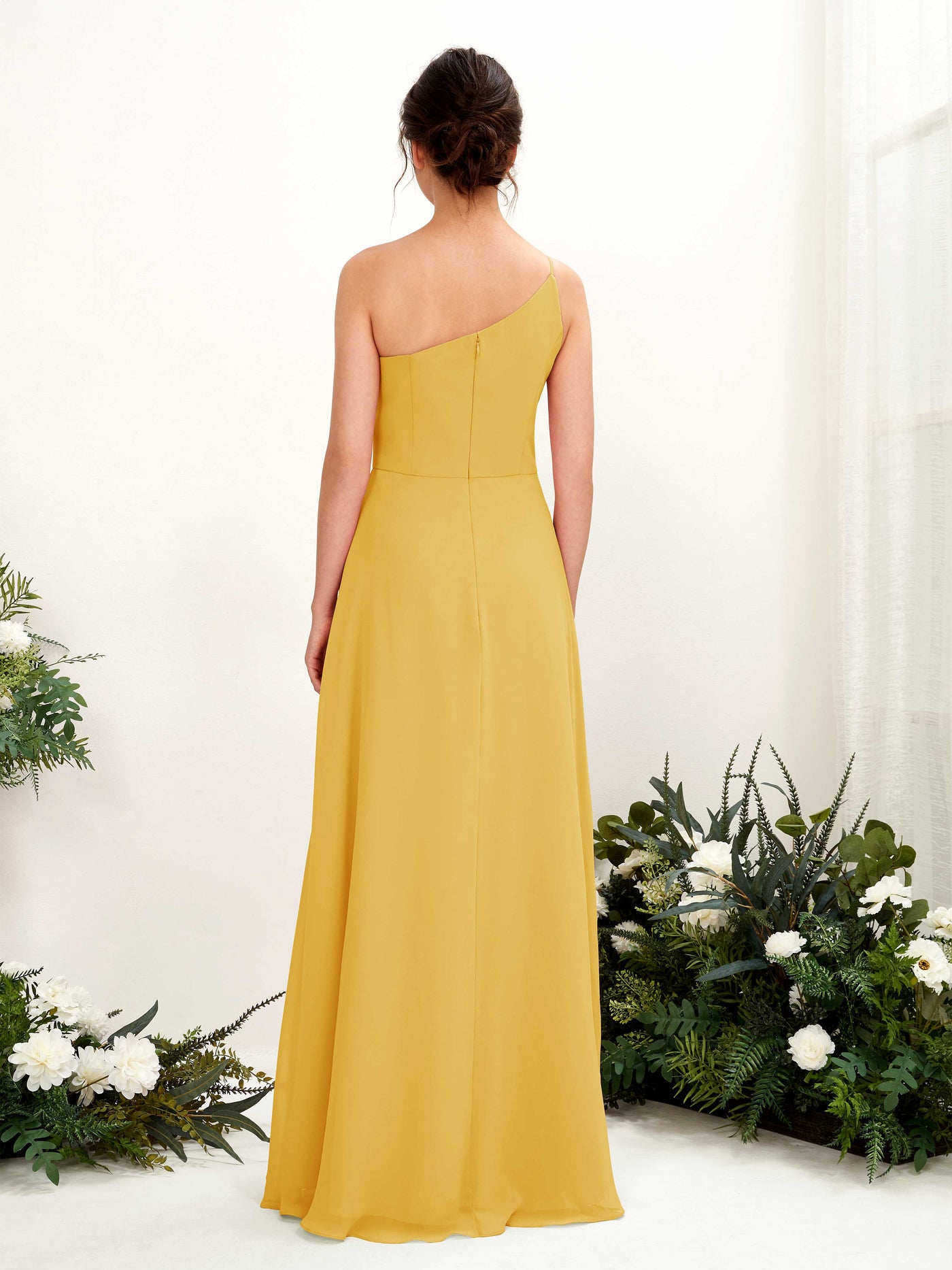 Carlyna Crystal A-Line Mustard Yellow Bridesmaid Dress Maxi Sleeveless One Shoulder Dress #color_mustard-yellow