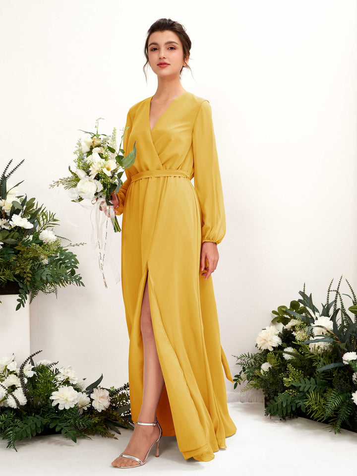 V-neck Long Sleeves Chiffon Bridesmaid Dress - Mustard Yellow (81223233)