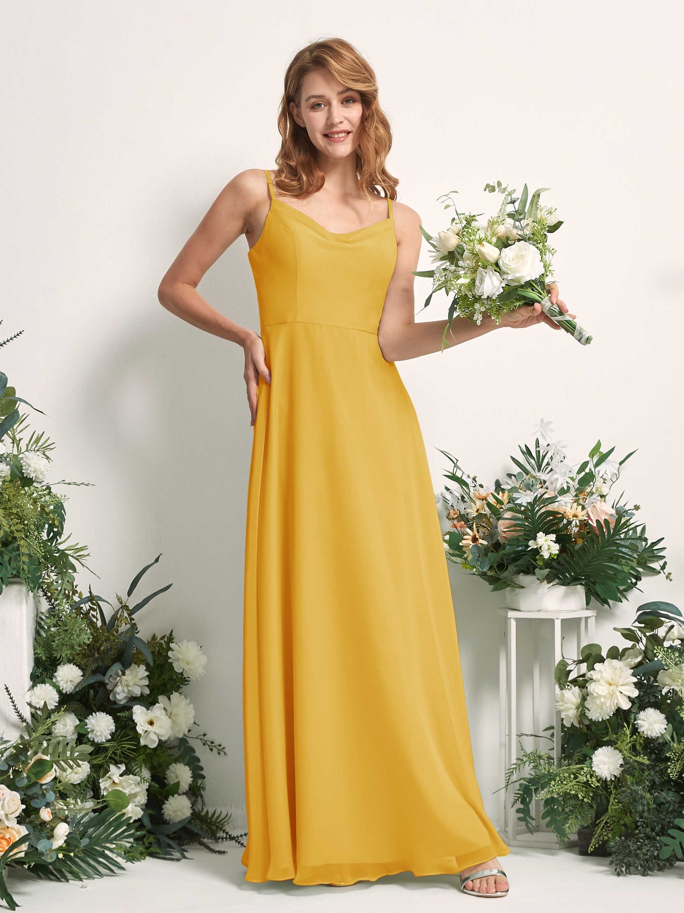 Bridesmaid Dress A-line Chiffon Spaghetti-straps Full Length Sleeveless Wedding Party Dress - Mustard Yellow (81227233)#color_mustard-yellow