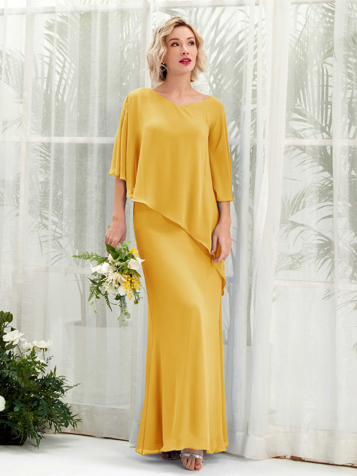 V-neck 3/4 Sleeves Chiffon Bridesmaid Dress - Mustard Yellow (81222533)