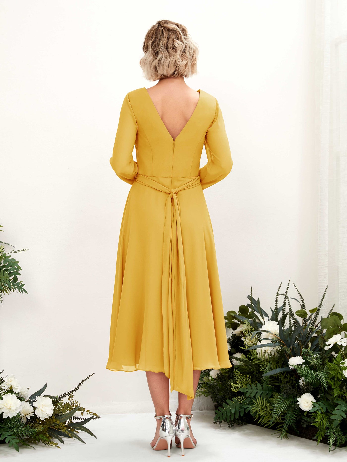 Carlyna Joanna A-Line Mustard Yellow Bridesmaid Dress Midi Long Sleeve V-Neck  #color_mustard-yellow