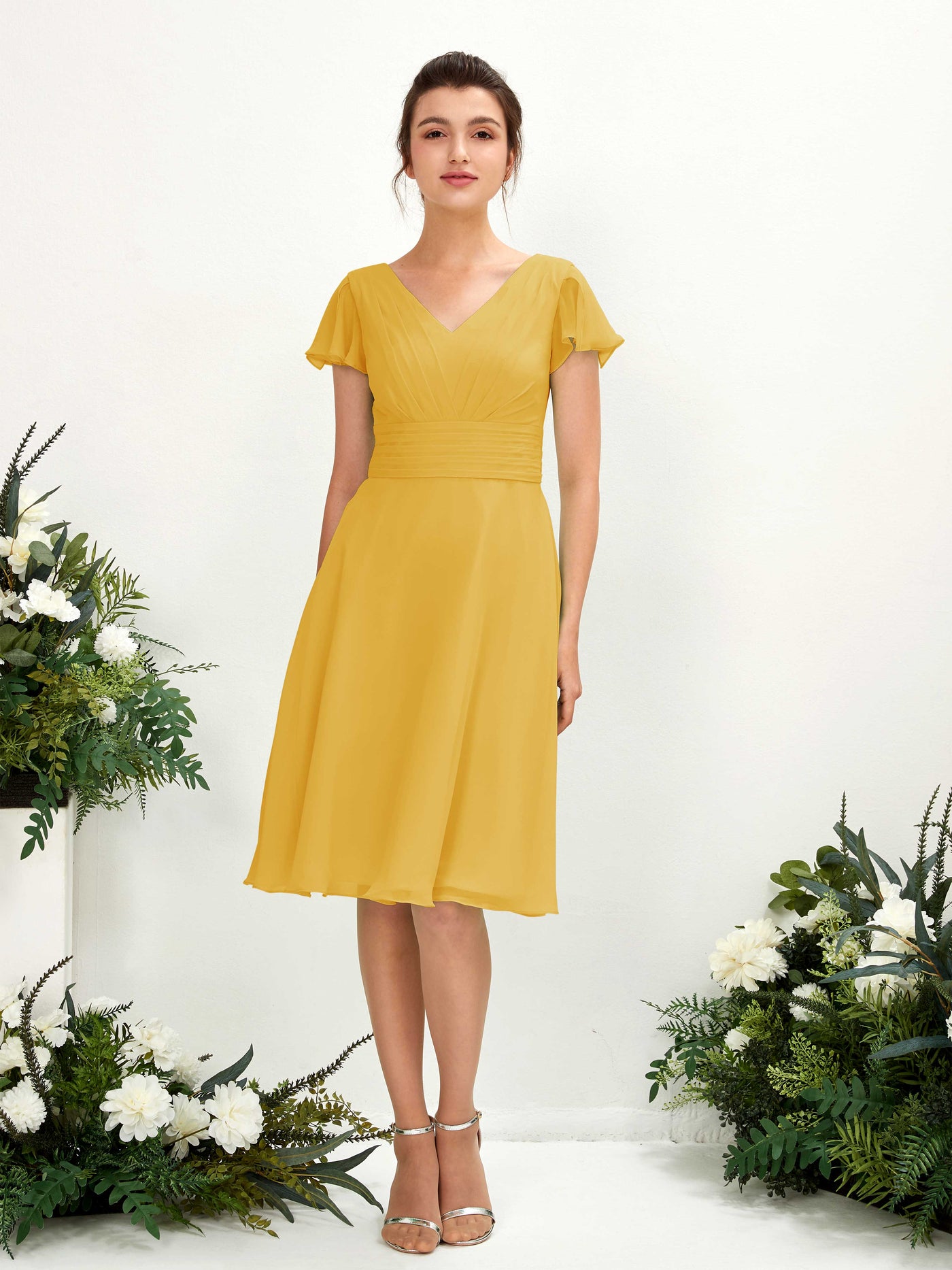 Carlyna Betty A-Line Mustard Yellow Bridesmaid Dress Knee-Length Short Sleeve V-Neck Dress #color_mustard-yellow