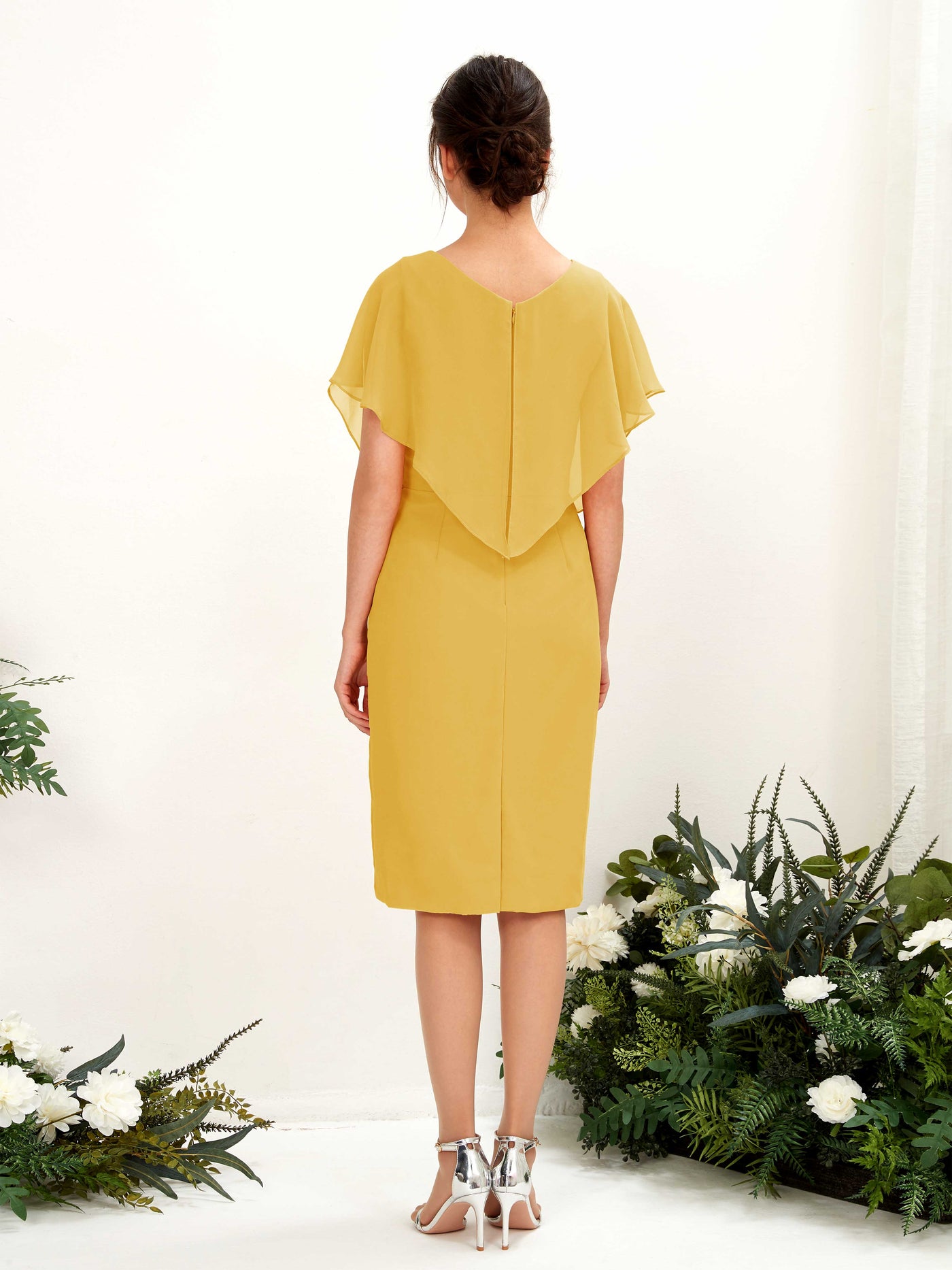 V-neck Short Sleeves Chiffon Bridesmaid Dress - Mustard Yellow (81222233)#color_mustard-yellow