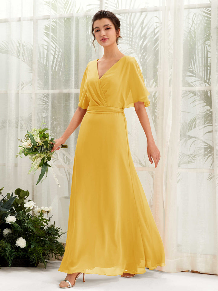 V-neck Short Sleeves Chiffon Bridesmaid Dress - Mustard Yellow (81222433)