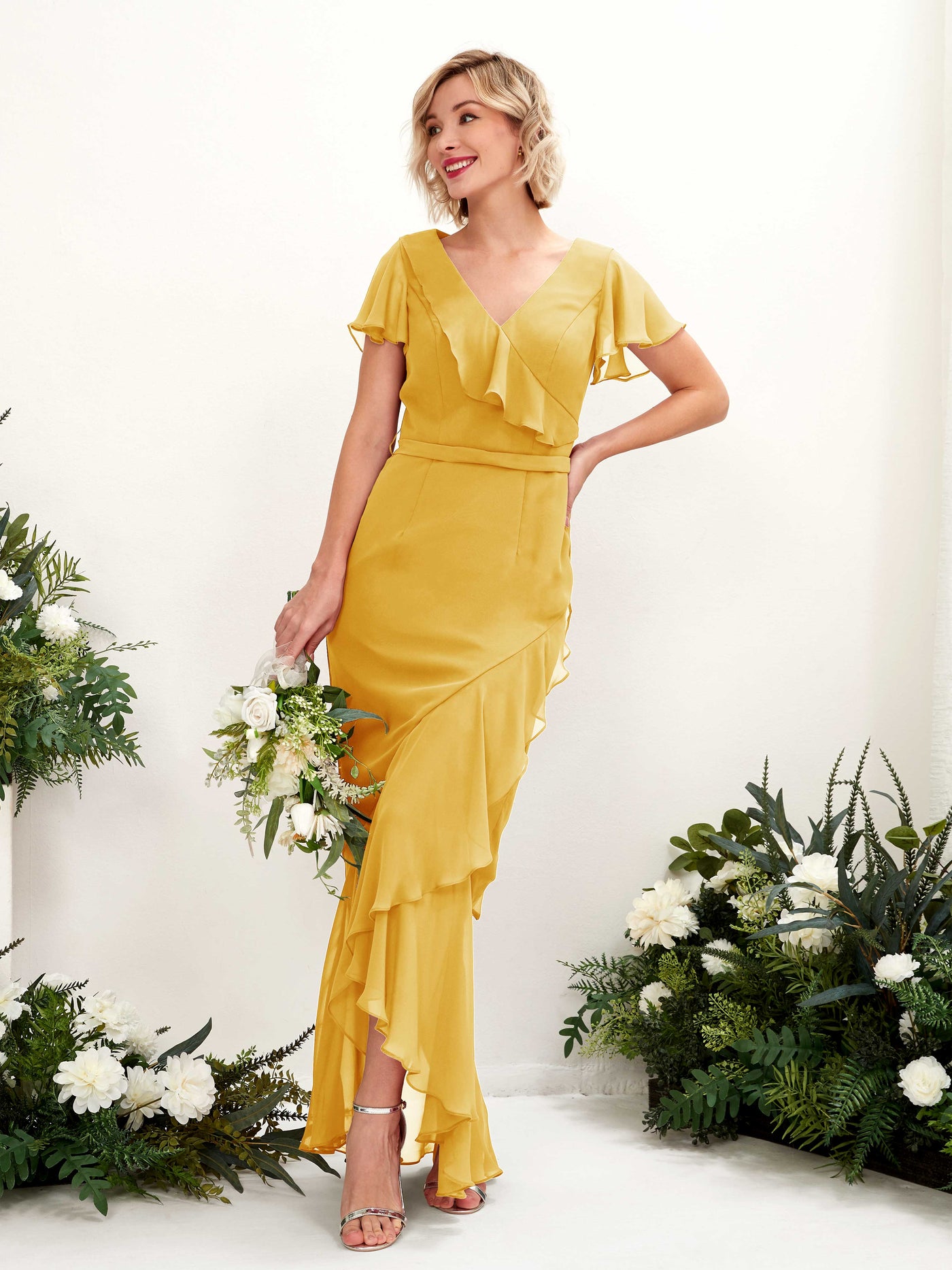 Carlyna Eartha Mermaid Mustard Yellow Bridesmaid Dress Maxi Cap Sleeve V-Neck Dress #color_mustard-yellow