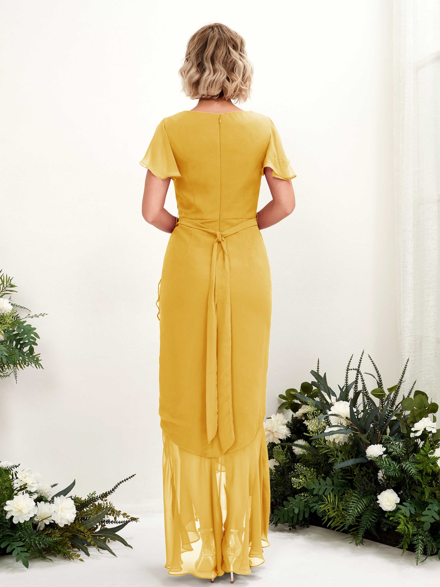 Carlyna Eartha Mermaid Mustard Yellow Bridesmaid Dress Maxi Cap Sleeve V-Neck Dress #color_mustard-yellow