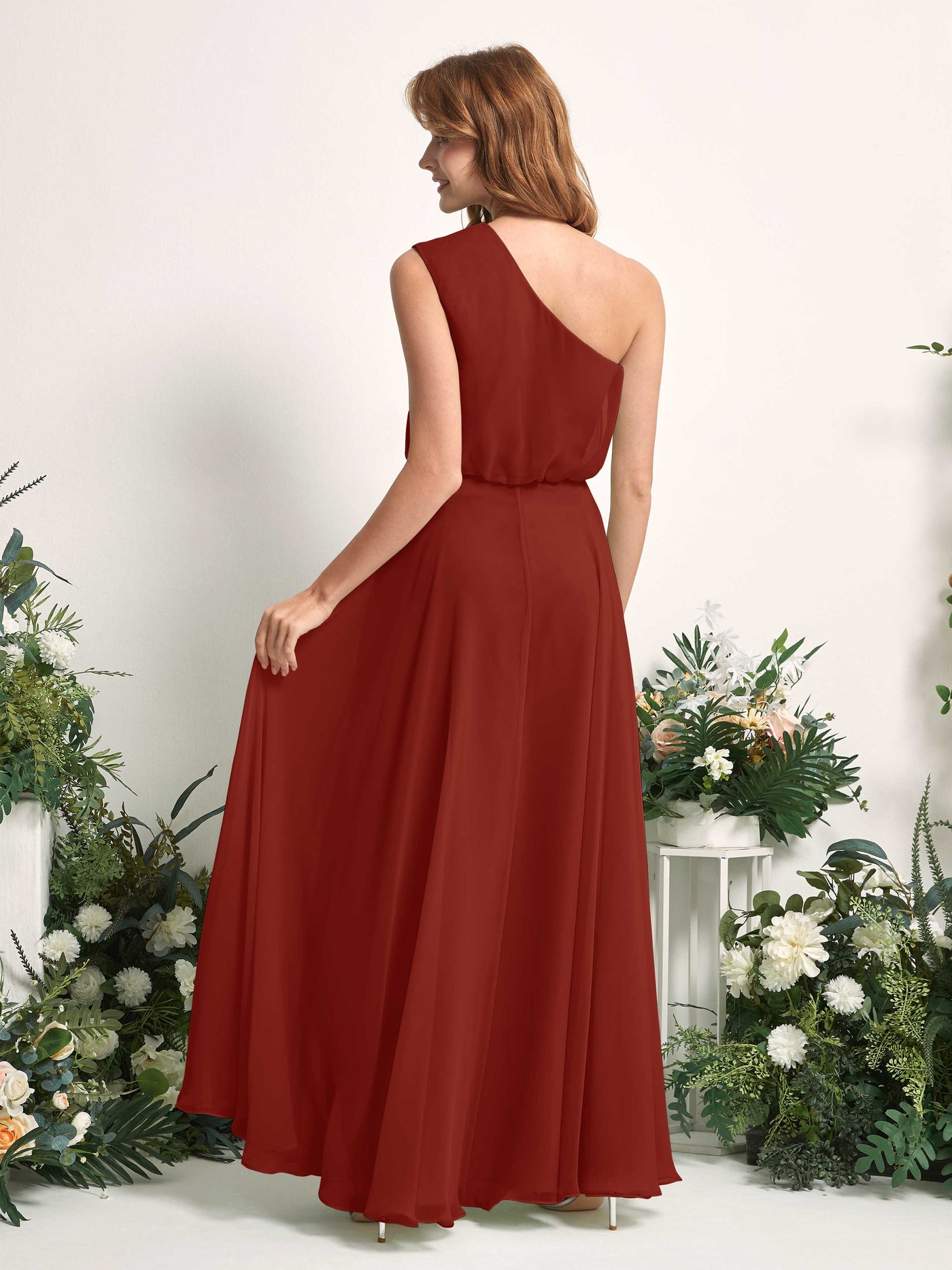 Bridesmaid Dress A-line Chiffon One Shoulder Full Length Sleeveless Wedding Party Dress - Rust (81226819)#color_rust