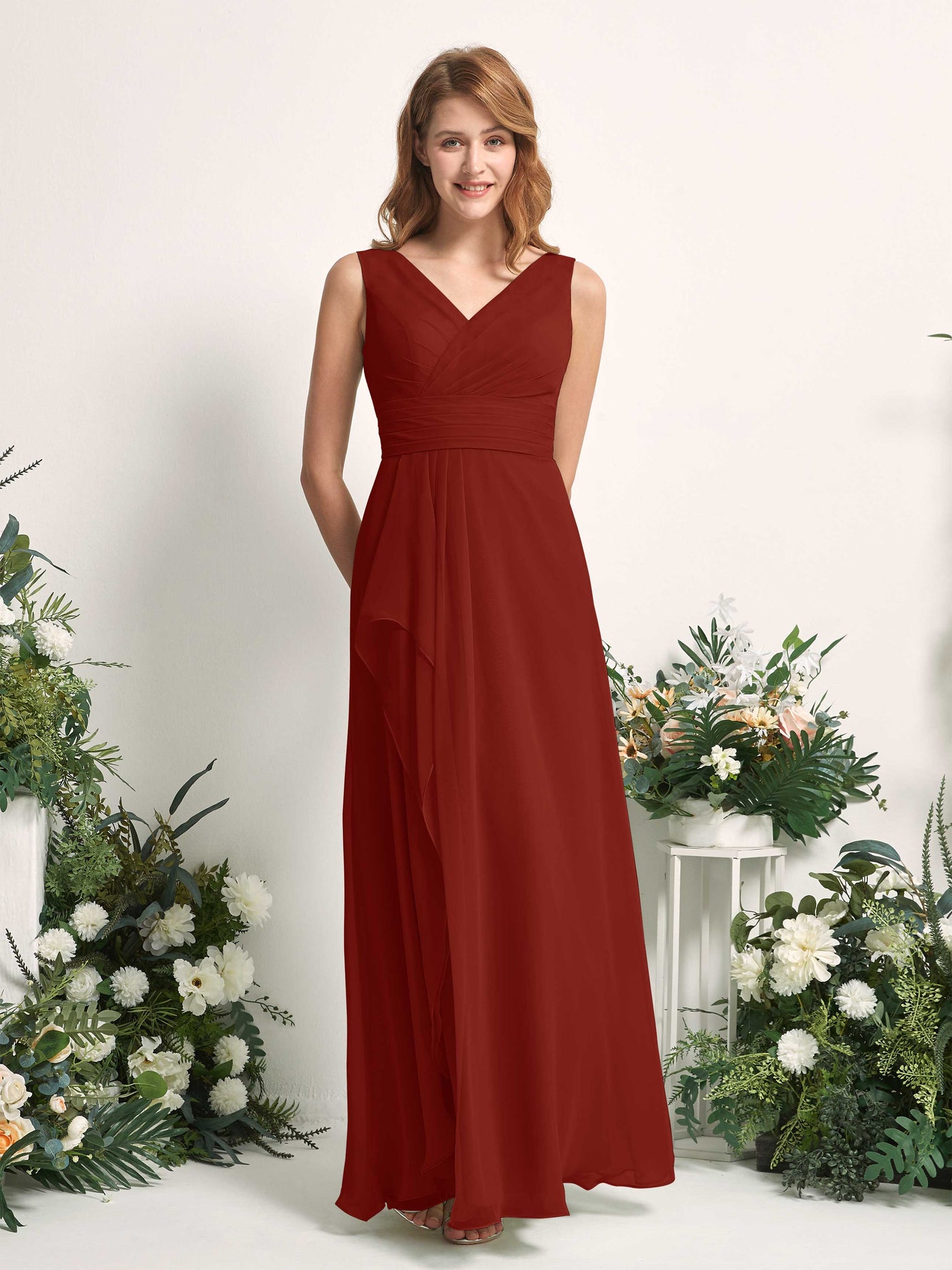 Carlyna Mollie A-Line Rust Bridesmaid Dress Maxi Sleeveless V-Neck Dress #color_rust