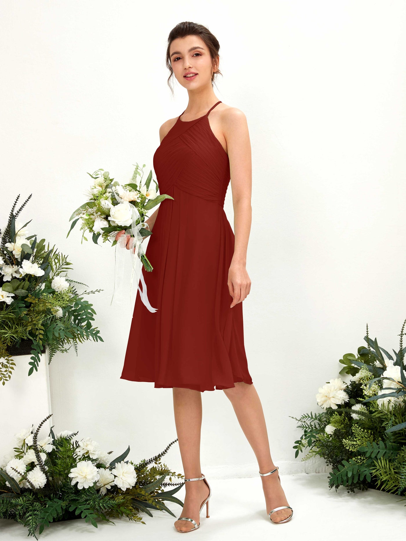 A-line Halter Sleeveless Chiffon Bridesmaid Dress - Rust (81220419)#color_rust