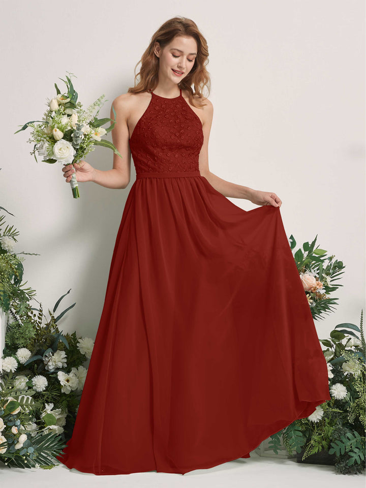 Rust Bridesmaid Dresses A-line Halter Sleeveless Chiffon Dresses (83220819)