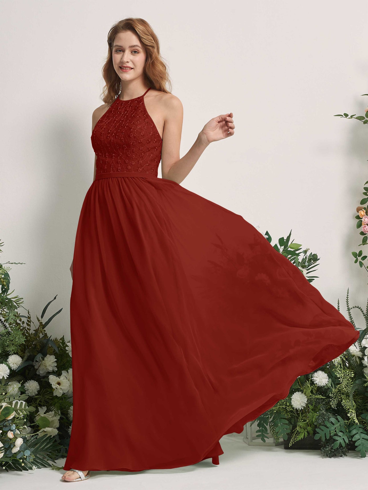 Rust Bridesmaid Dresses A-line Halter Sleeveless Chiffon Dresses (83220819)#color_rust