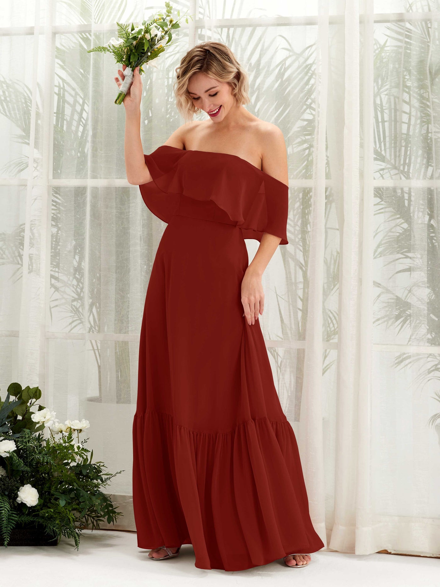 Carlyna Joie A-Line Rust Bridesmaid Dress Maxi Sleeveless Off the Shoulder Dress #color_rust