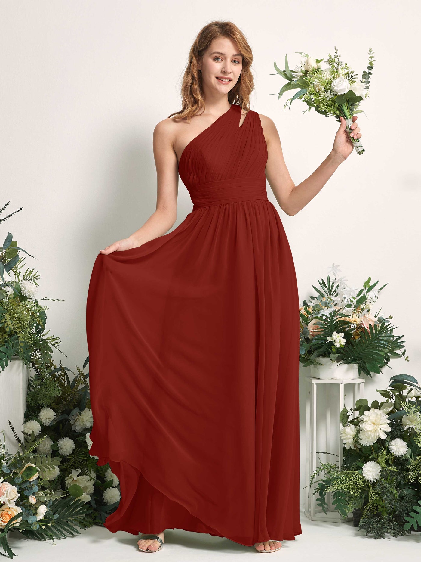 Carlyna Evelyn A-Line Rust Bridesmaid Dress Maxi Sleeveless One Shoulder Dress #color_rust