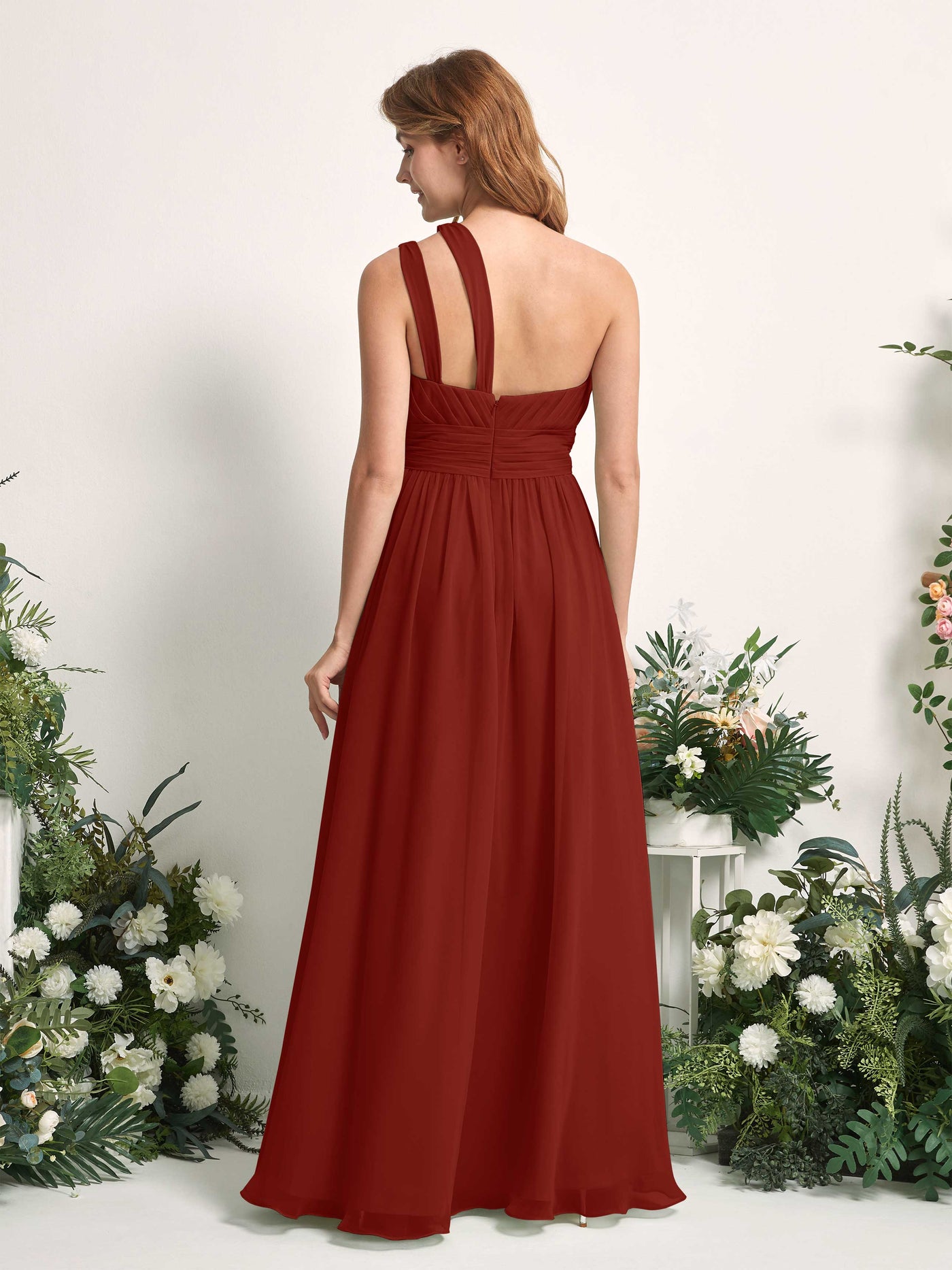 Carlyna Evelyn A-Line Rust Bridesmaid Dress Maxi Sleeveless One Shoulder Dress #color_rust