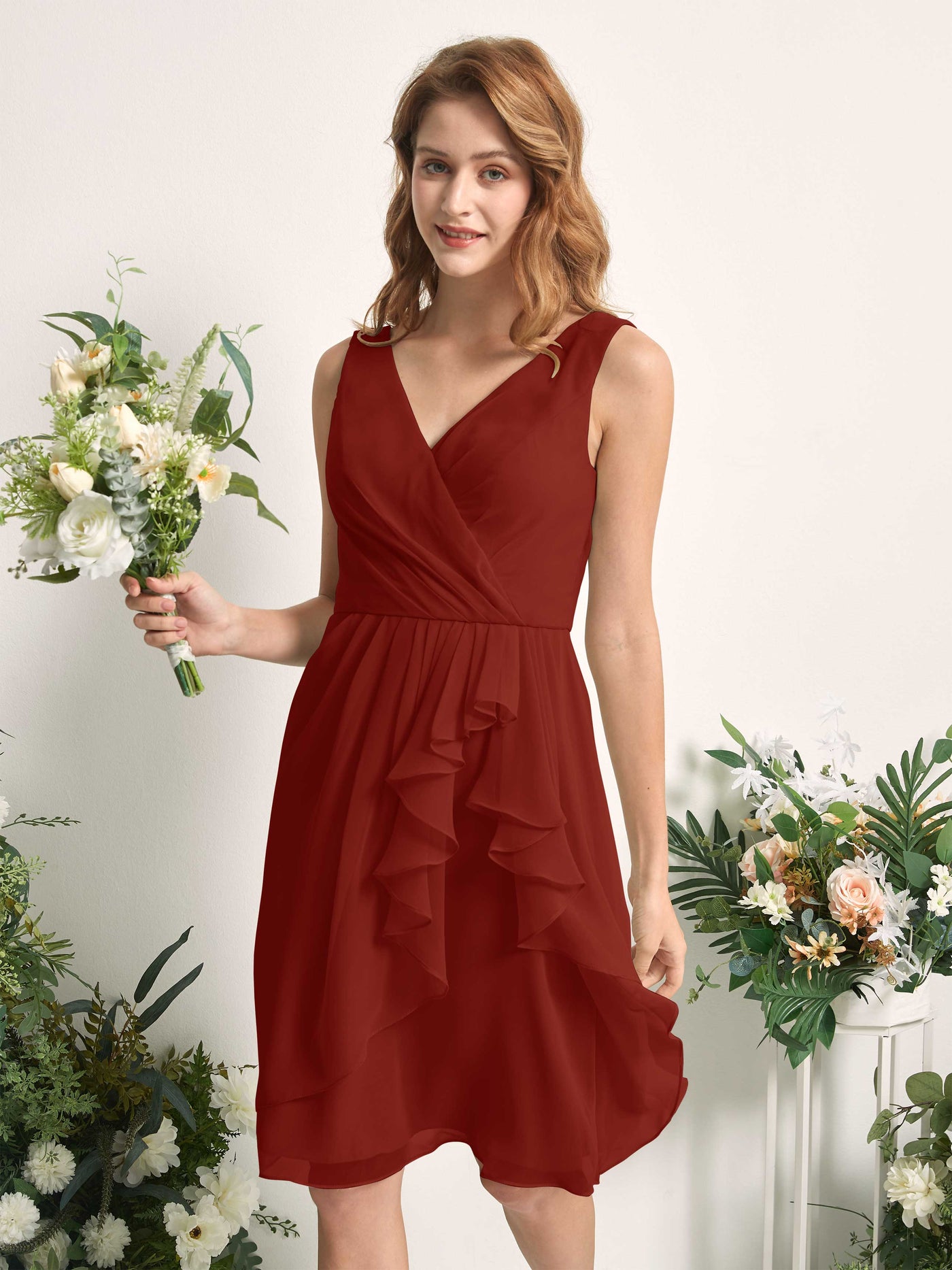 Bridesmaid Dress A-line Chiffon Straps Knee Length Sleeveless Wedding Party Dress - Rust (81226619)#color_rust