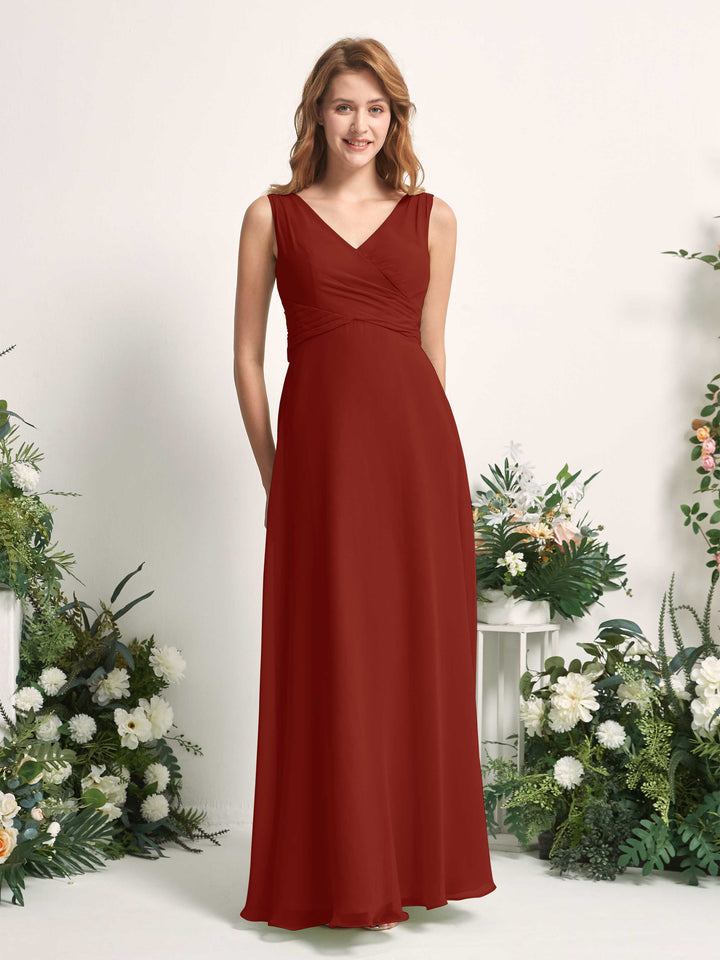 Carlyna June A-Line Rust Bridesmaid Dress Maxi Sleeveless V-Neck Dress 