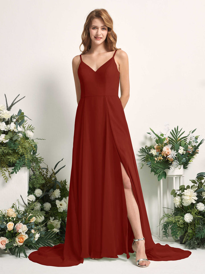 Bridesmaid Dress A-line Chiffon Spaghetti-straps Full Length Sleeveless Wedding Party Dress - Rust (81227719)