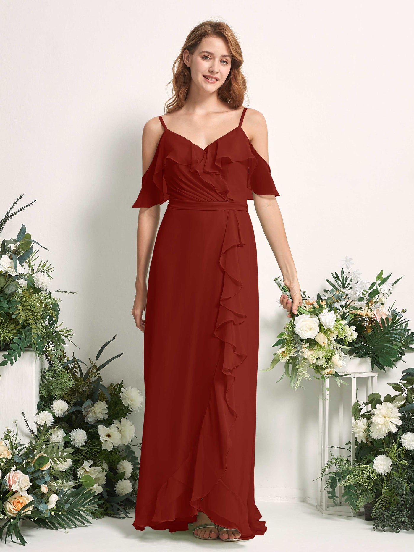 Carlyna Yvette A-Line Rust Bridesmaid Dress Maxi Sleeveless V-Neck Dress #color_rust