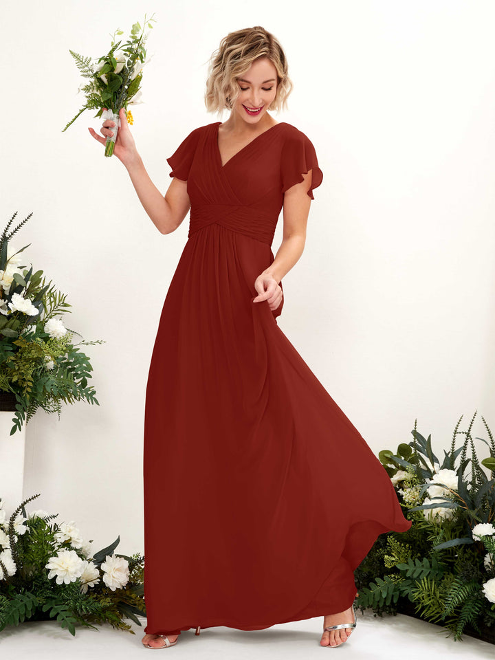 A-line V-neck Cap Sleeves Chiffon Bridesmaid Dress - Rust (81224319)