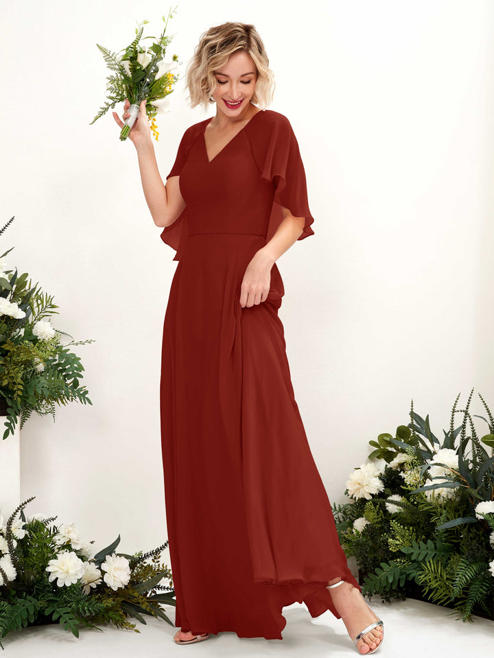 A-line V-neck Short Sleeves Chiffon Bridesmaid Dress - Rust (81224419)