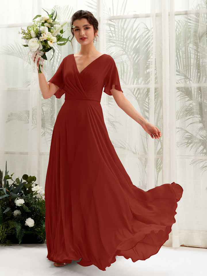 Carlyna Daphne A-Line Rust Bridesmaid Dress Maxi Short Sleeve V-Neck Dress 