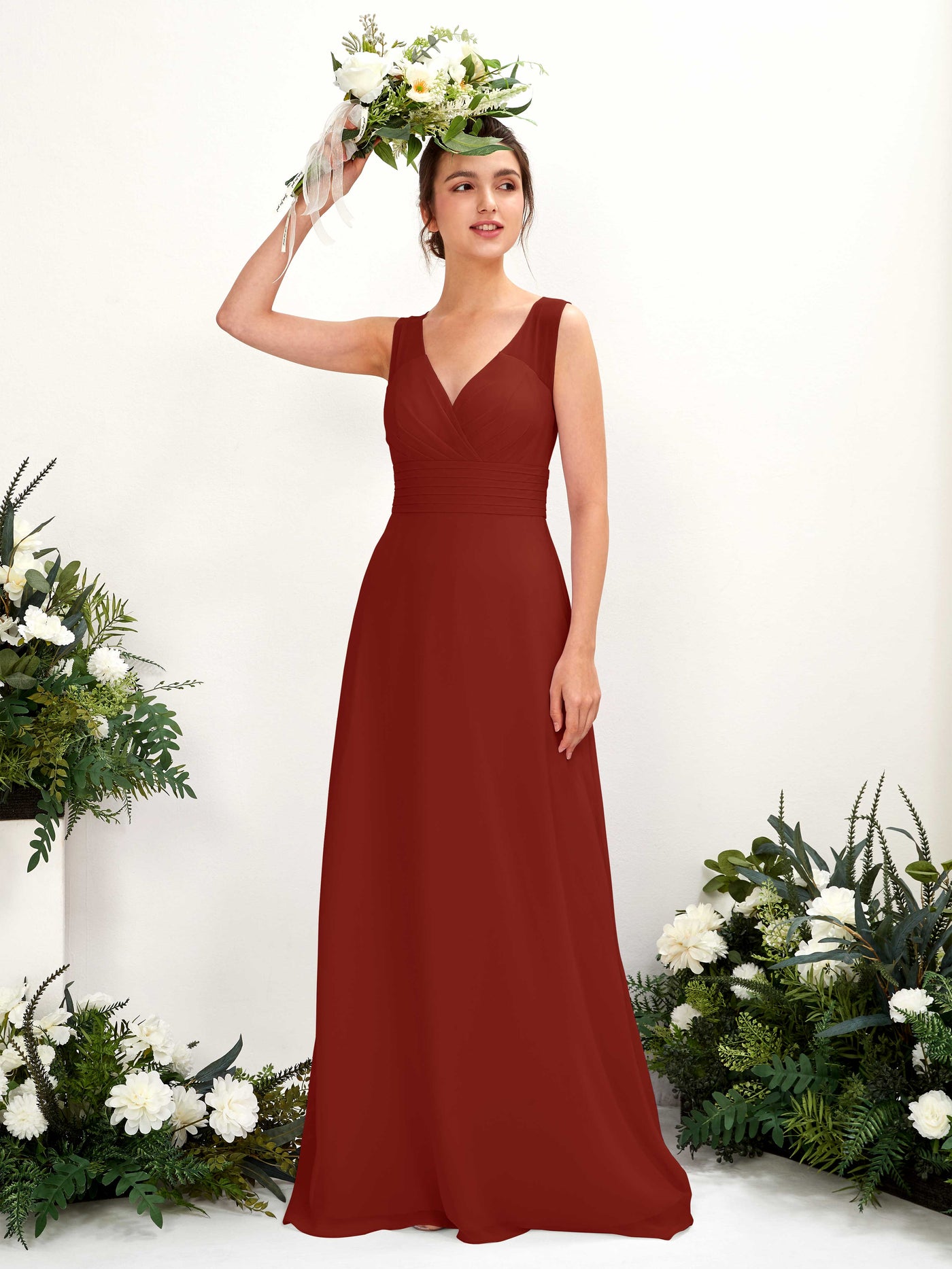 Carlyna Karen A-Line Rust Bridesmaid Dress Maxi Sleeveless V-Neck Dress #color_rust