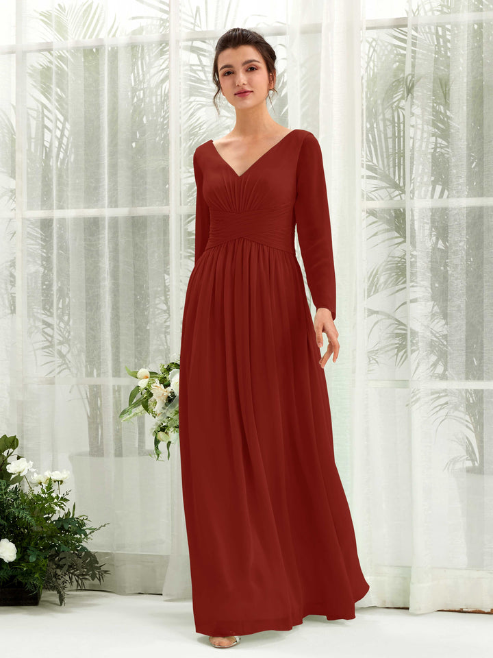 Ball Gown V-neck Long Sleeves Chiffon Bridesmaid Dress - Rust (81220319)