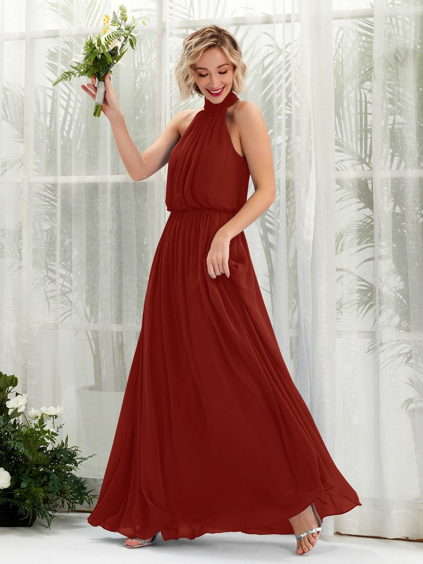 Halter Sleeveless Chiffon Bridesmaid Dress - Rust (81222919)#color_rust