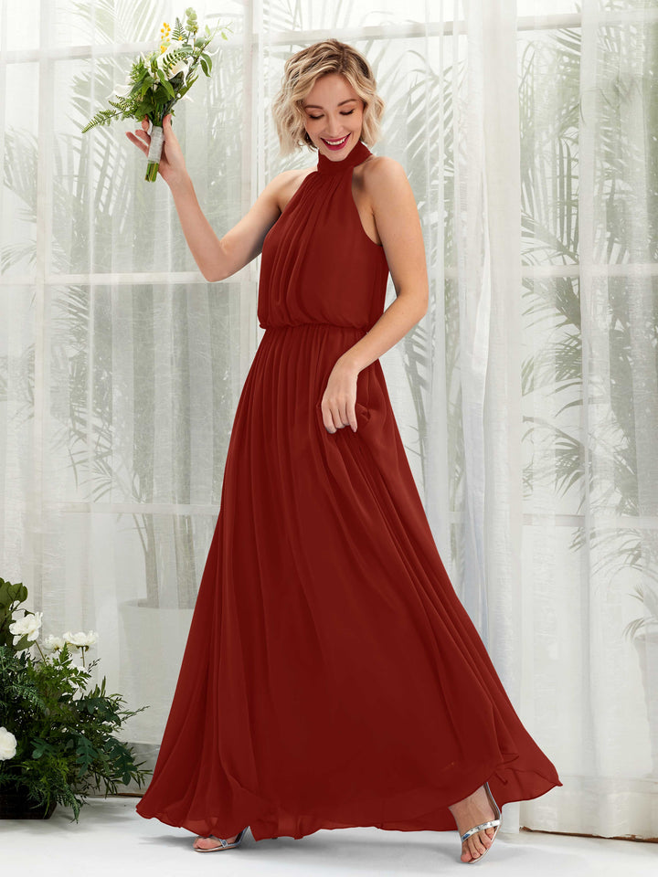Carlyna Bess A-Line Rust Bridesmaid Dress Maxi Sleeveless Halter Dress 