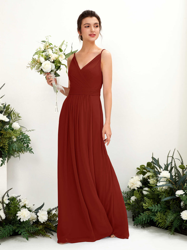 Spaghetti-straps V-neck Sleeveless Bridesmaid Dress - Rust (81223919)