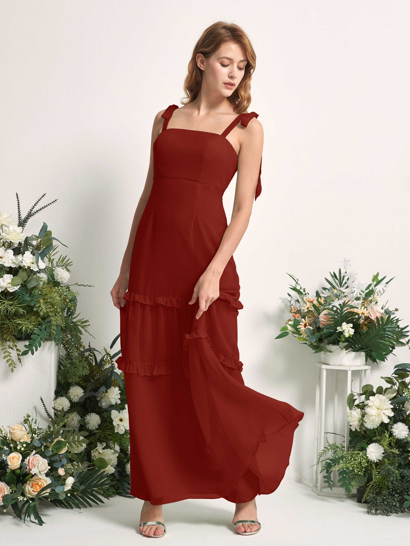 Bridesmaid Dress Chiffon Straps Full Length Sleeveless Wedding Party Dress - Rust (81227519)#color_rust