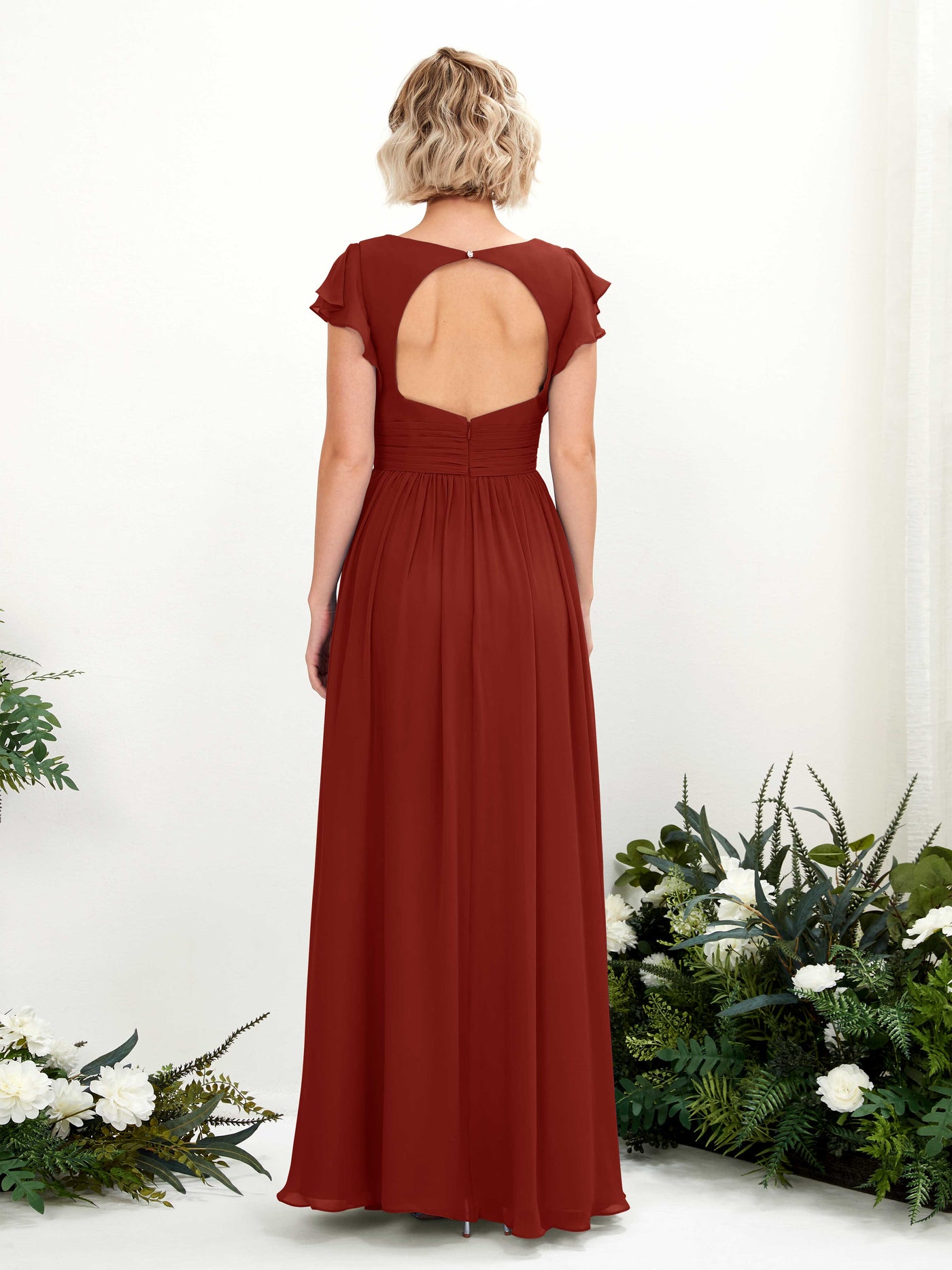 Carlyna Grino A-Line Rust Bridesmaid Dress Maxi Cap Sleeve V-Neck Dress #color_rust