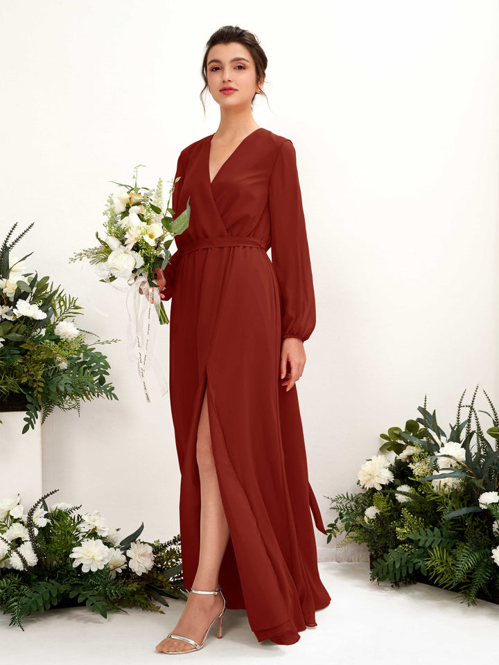 V-neck Long Sleeves Chiffon Bridesmaid Dress - Rust (81223219)