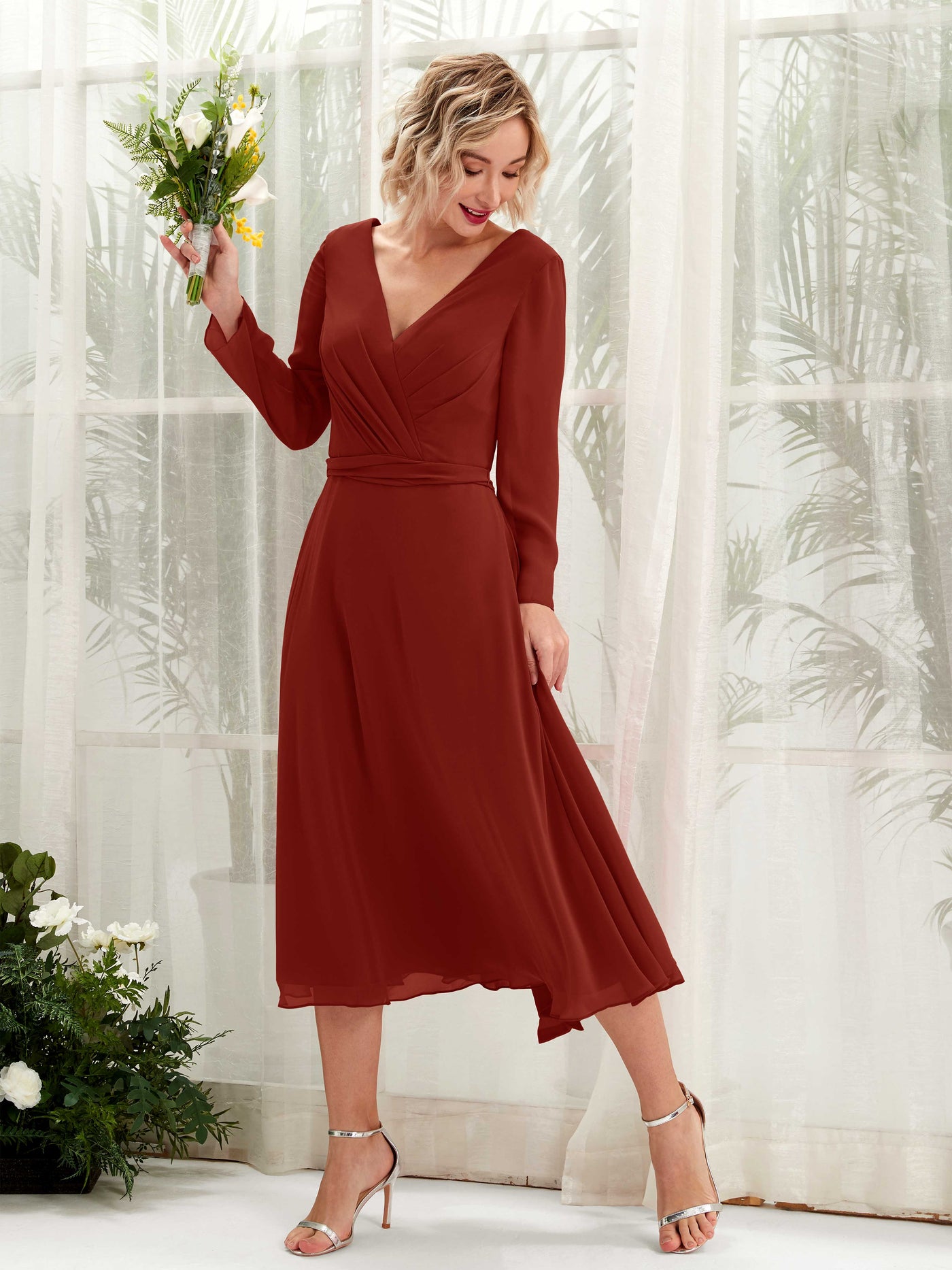 V-neck Long Sleeves Chiffon Bridesmaid Dress - Rust (81223319)#color_rust