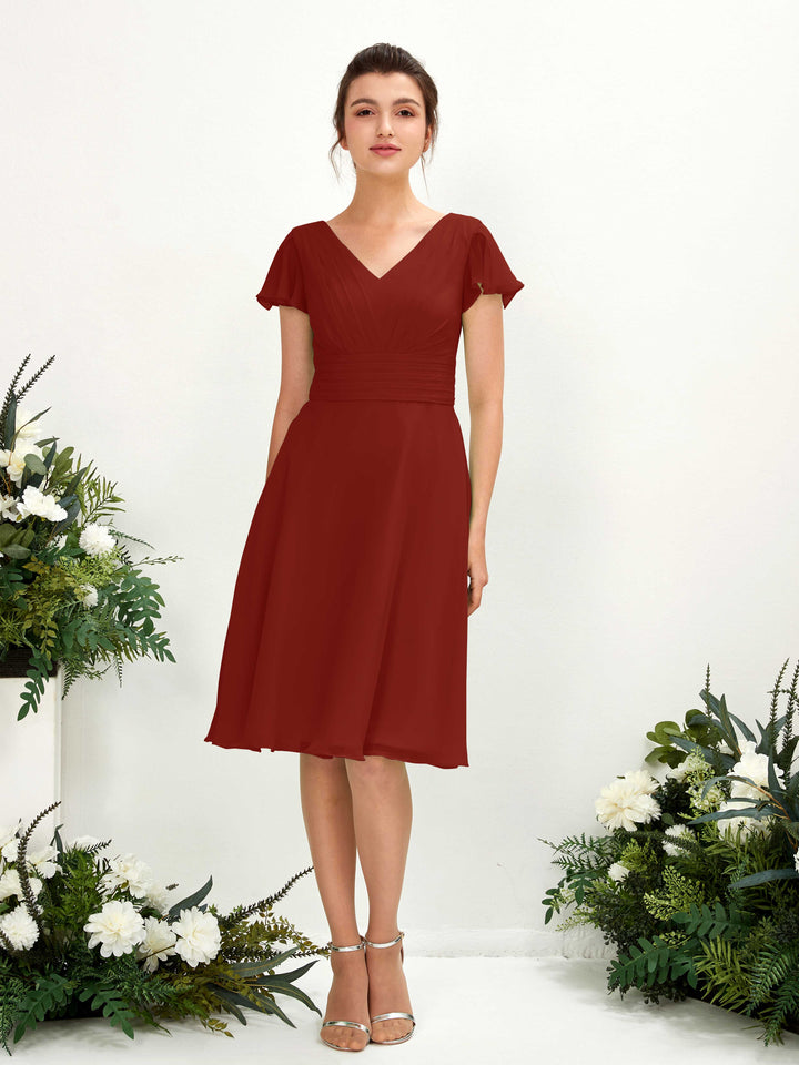 V-neck Short Sleeves Chiffon Bridesmaid Dress - Rust (81220219)