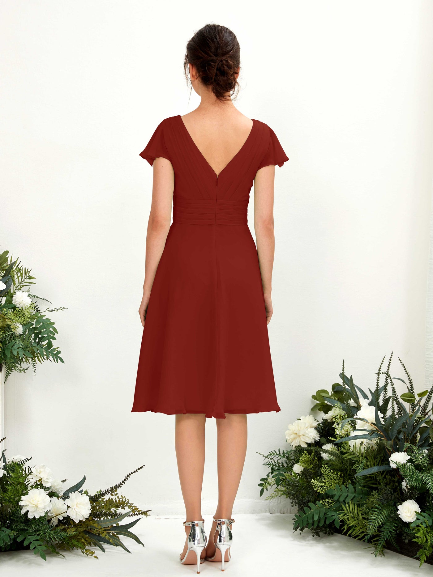 Carlyna Betty A-Line Rust Bridesmaid Dress Knee-Length Short Sleeve V-Neck Dress #color_rust