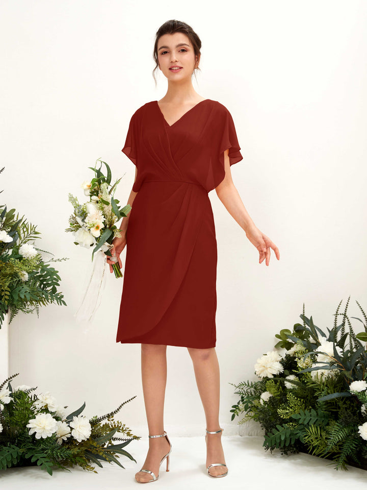 V-neck Short Sleeves Chiffon Bridesmaid Dress - Rust (81222219)