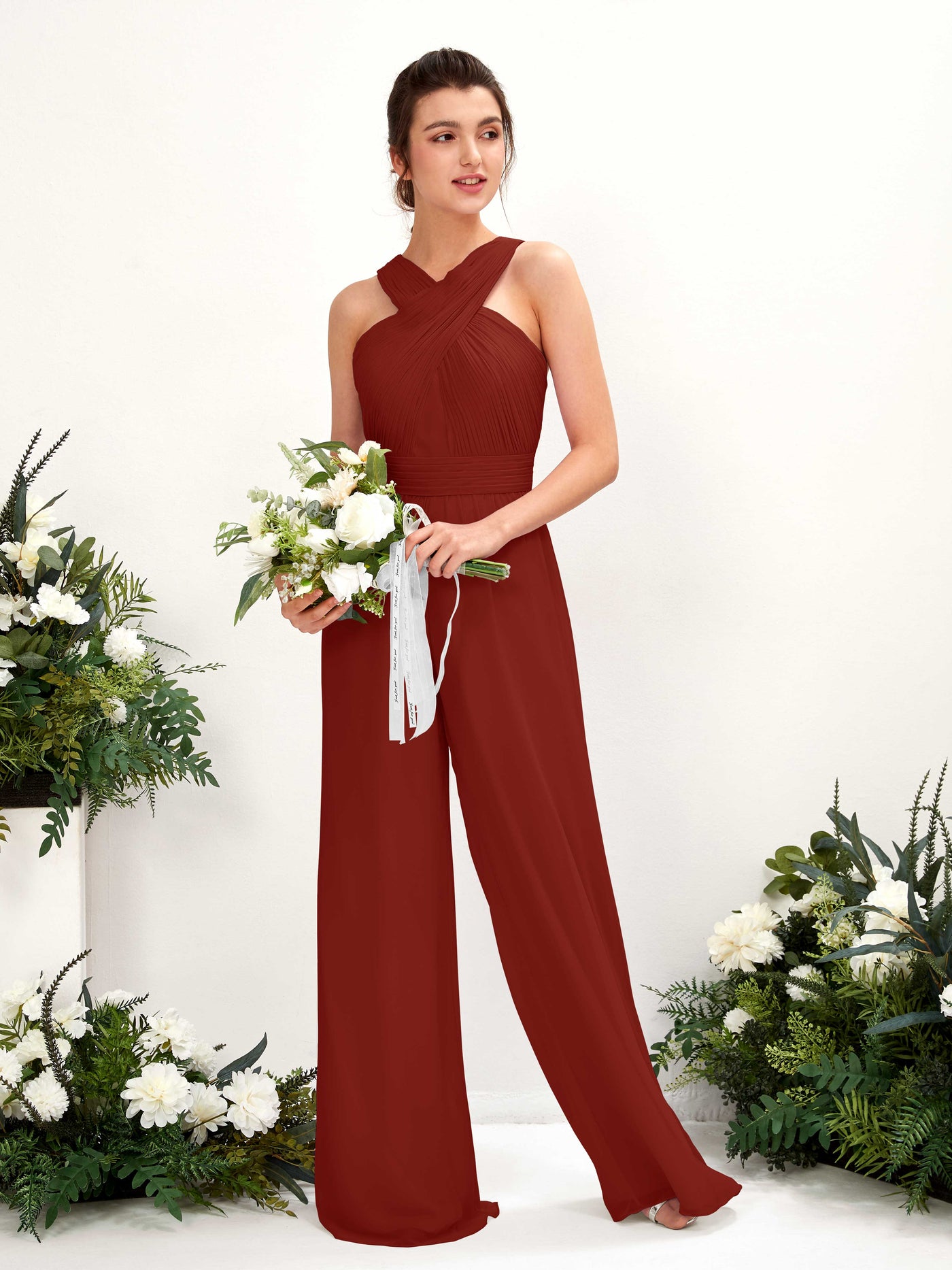 Carlyna Hilona Jumpsuit Rust Bridesmaid Dress Maxi Sleeveless V-Neck Dress #color_rust