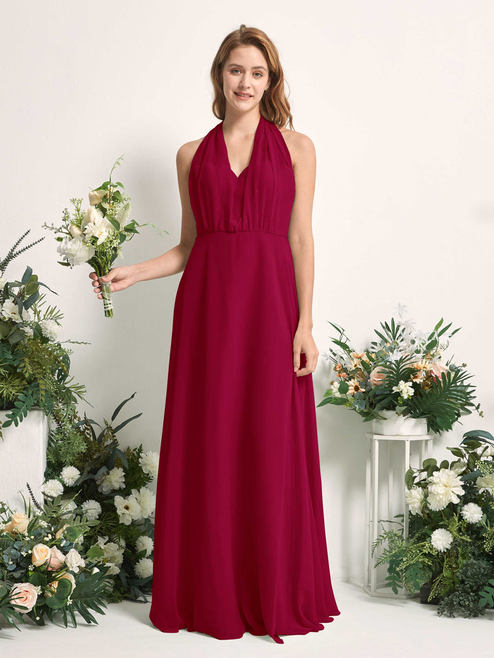 Bridesmaid Dress A-line Chiffon Halter Full Length Short Sleeves Wedding Party Dress - Jester Red (81226341)