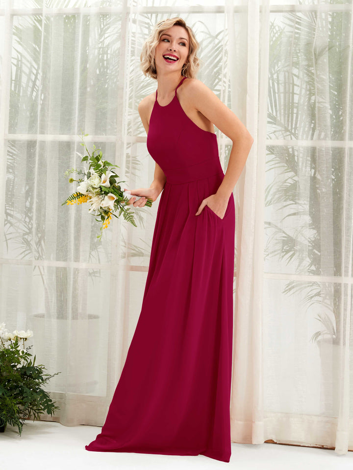 A-line Ball Gown Halter Spaghetti-straps Sleeveless Bridesmaid Dress - Jester Red (81225241)