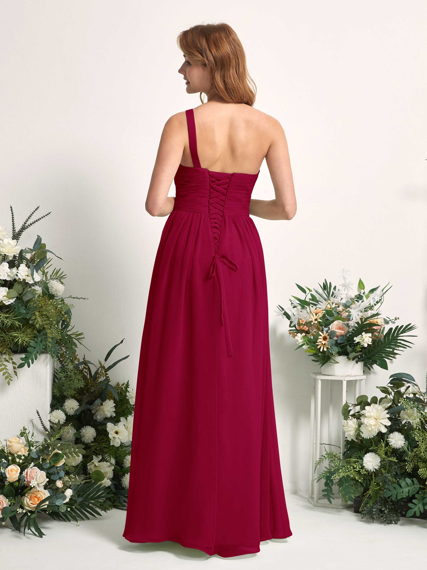 Bridesmaid Dress A-line Chiffon One Shoulder Full Length Sleeveless Wedding Party Dress - Jester Red (81226741)#color_jester-red