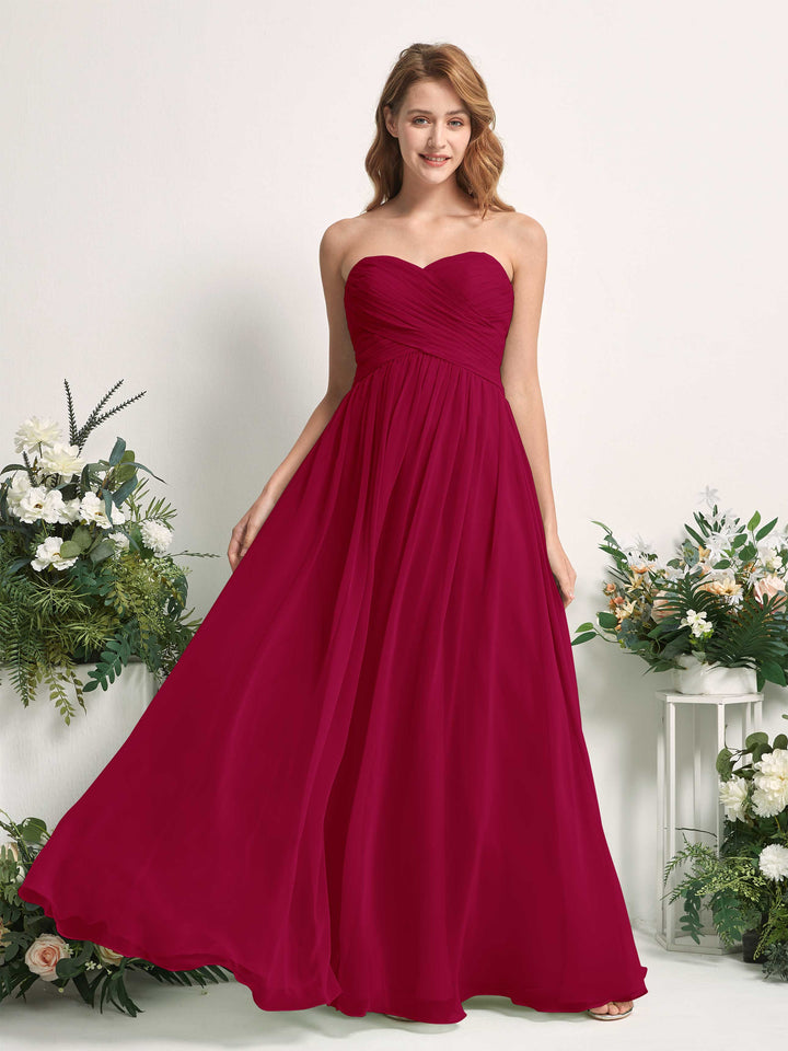 Bridesmaid Dress A-line Chiffon Sweetheart Full Length Sleeveless Wedding Party Dress - Jester Red (81226941)