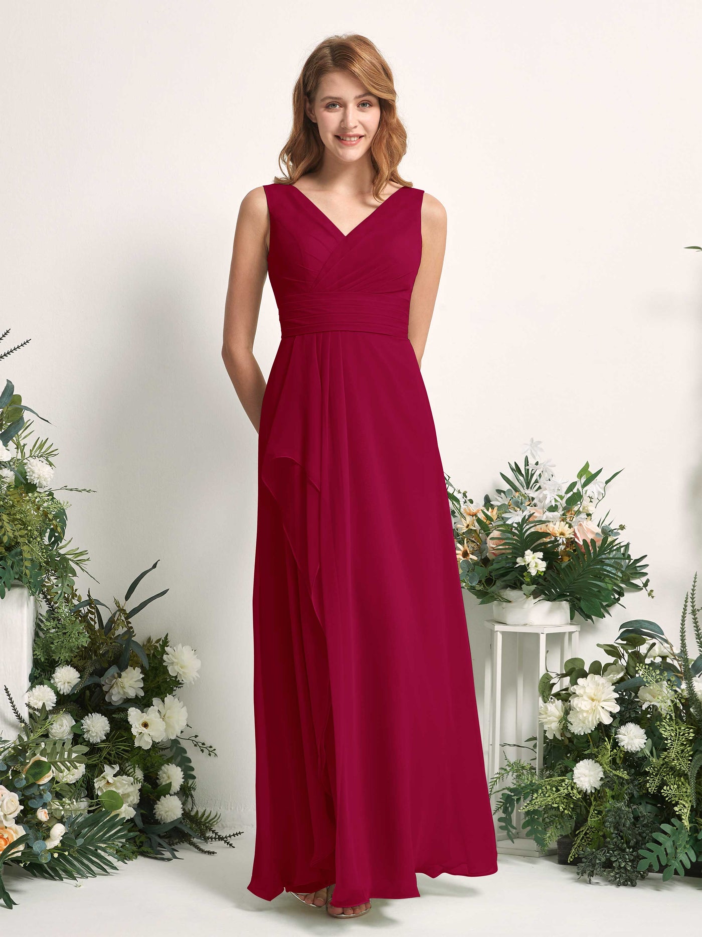 Carlyna Mollie A-Line Jester Red Bridesmaid Dress Maxi Sleeveless V-Neck Dress #color_jester-red