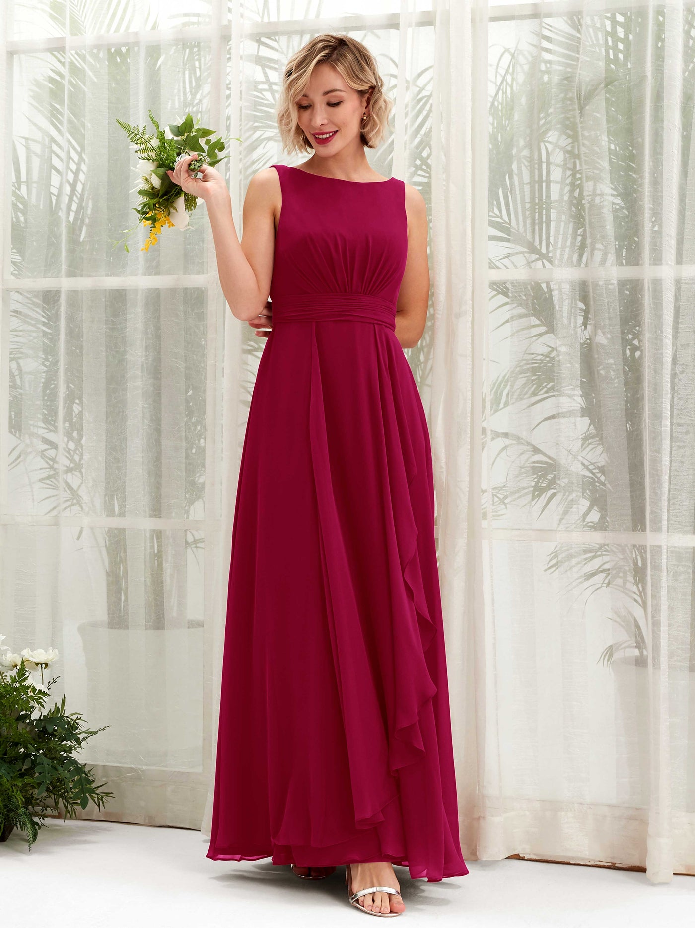 Carlyna Brianna A-Line Jester Red Bridesmaid Dress Maxi Sleeveless Boat Neck Dress #color_jester-red