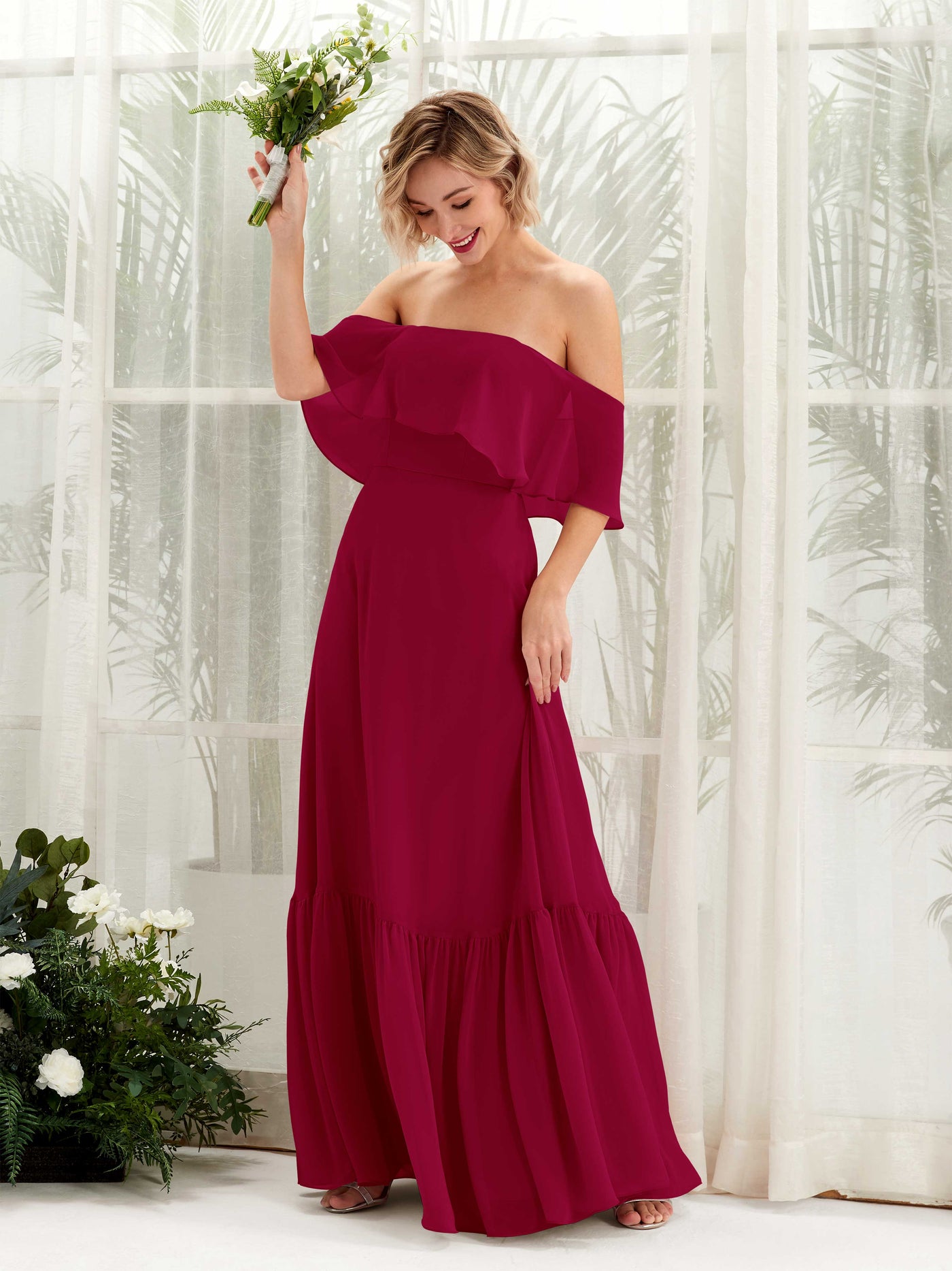 Carlyna Joie A-Line Jester Red Bridesmaid Dress Maxi Sleeveless Off the Shoulder Dress #color_jester-red