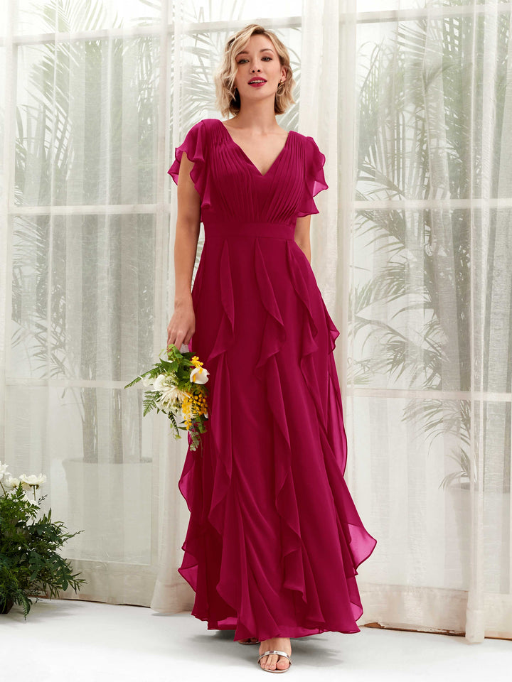 A-line V-neck Short Sleeves Chiffon Bridesmaid Dress - Jester Red (81226041)