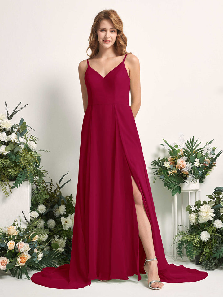 Bridesmaid Dress A-line Chiffon Spaghetti-straps Full Length Sleeveless Wedding Party Dress - Jester Red (81227741)