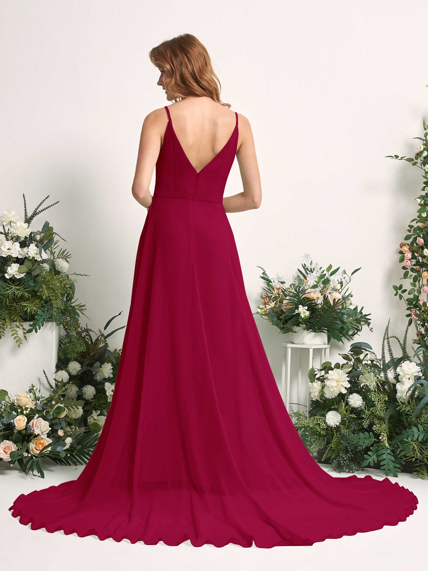 Bridesmaid Dress A-line Chiffon Spaghetti-straps Full Length Sleeveless Wedding Party Dress - Jester Red (81227741)#color_jester-red